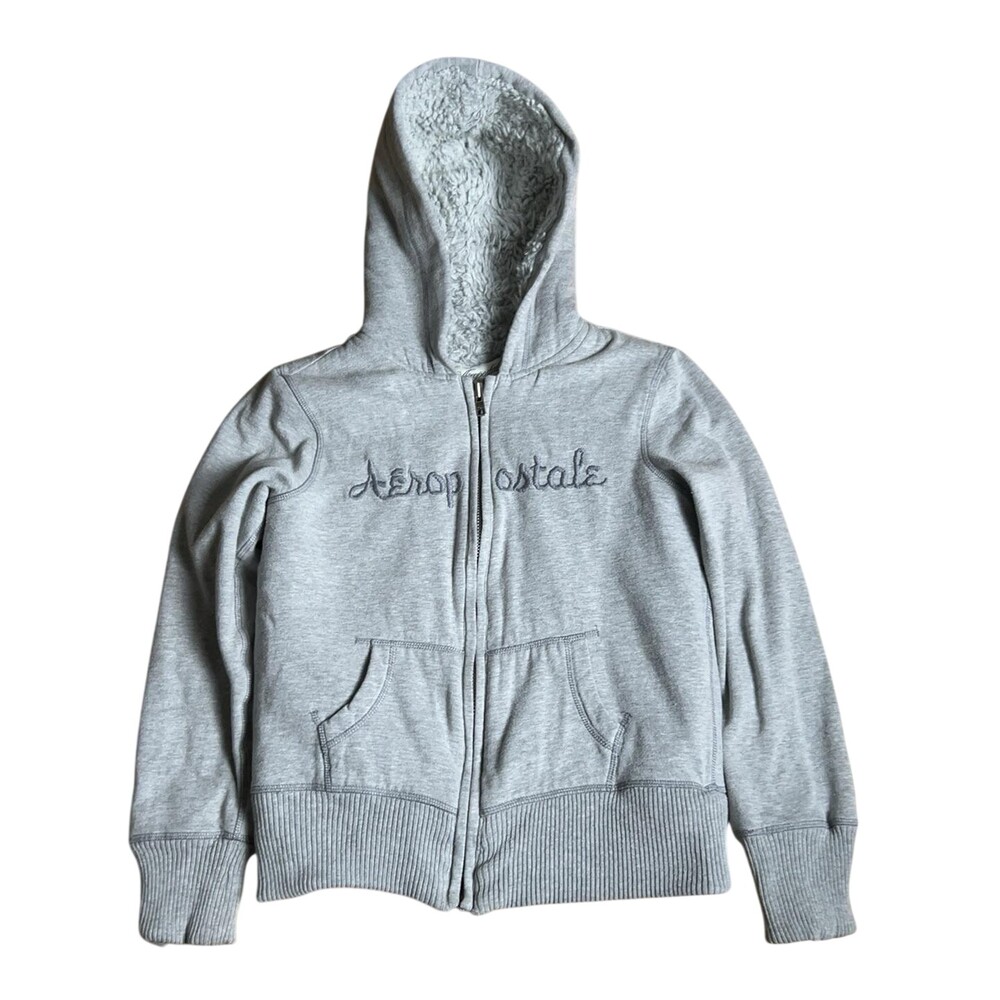 Aeropostale Sweater Womens M Gray Full Zip Hooded Lined Pockets Fleece